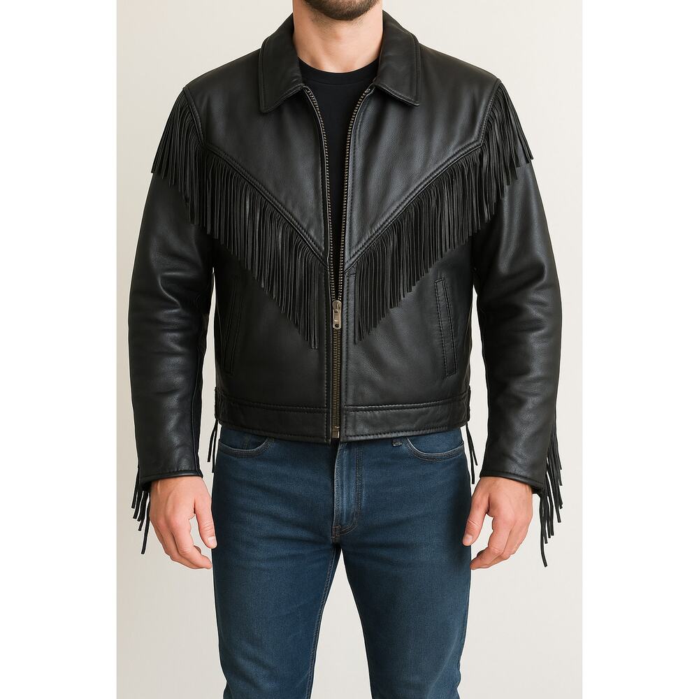 Antelope Creek Black Leather Fringe Motorcycle Jacket Size Medium